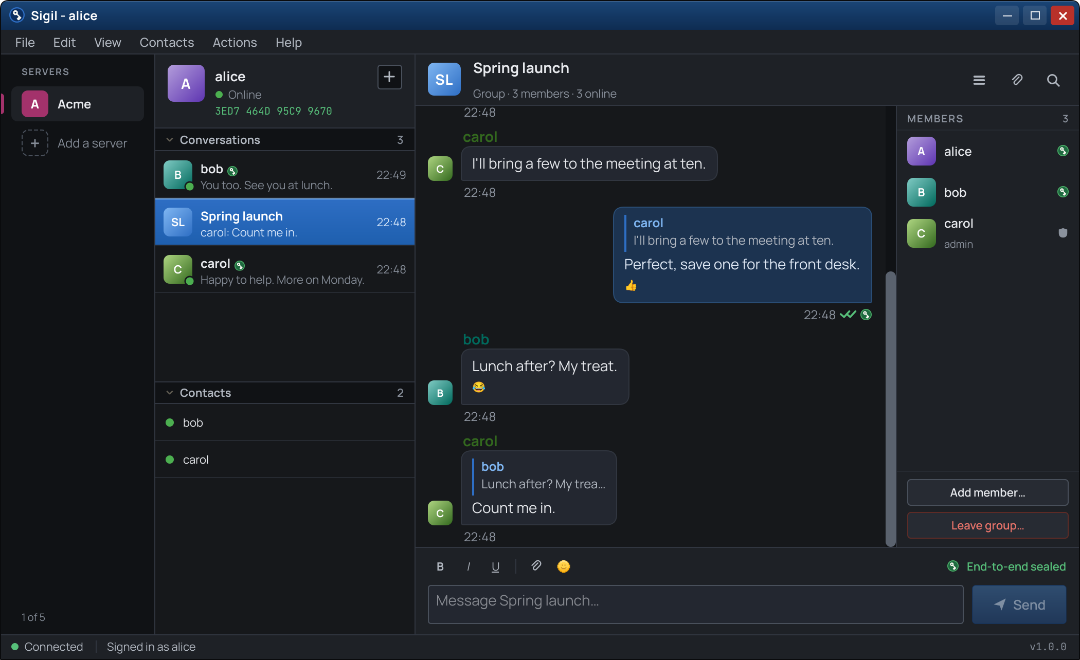 The Sigil client: a group conversation with three members, the server list, conversations and contacts beside it